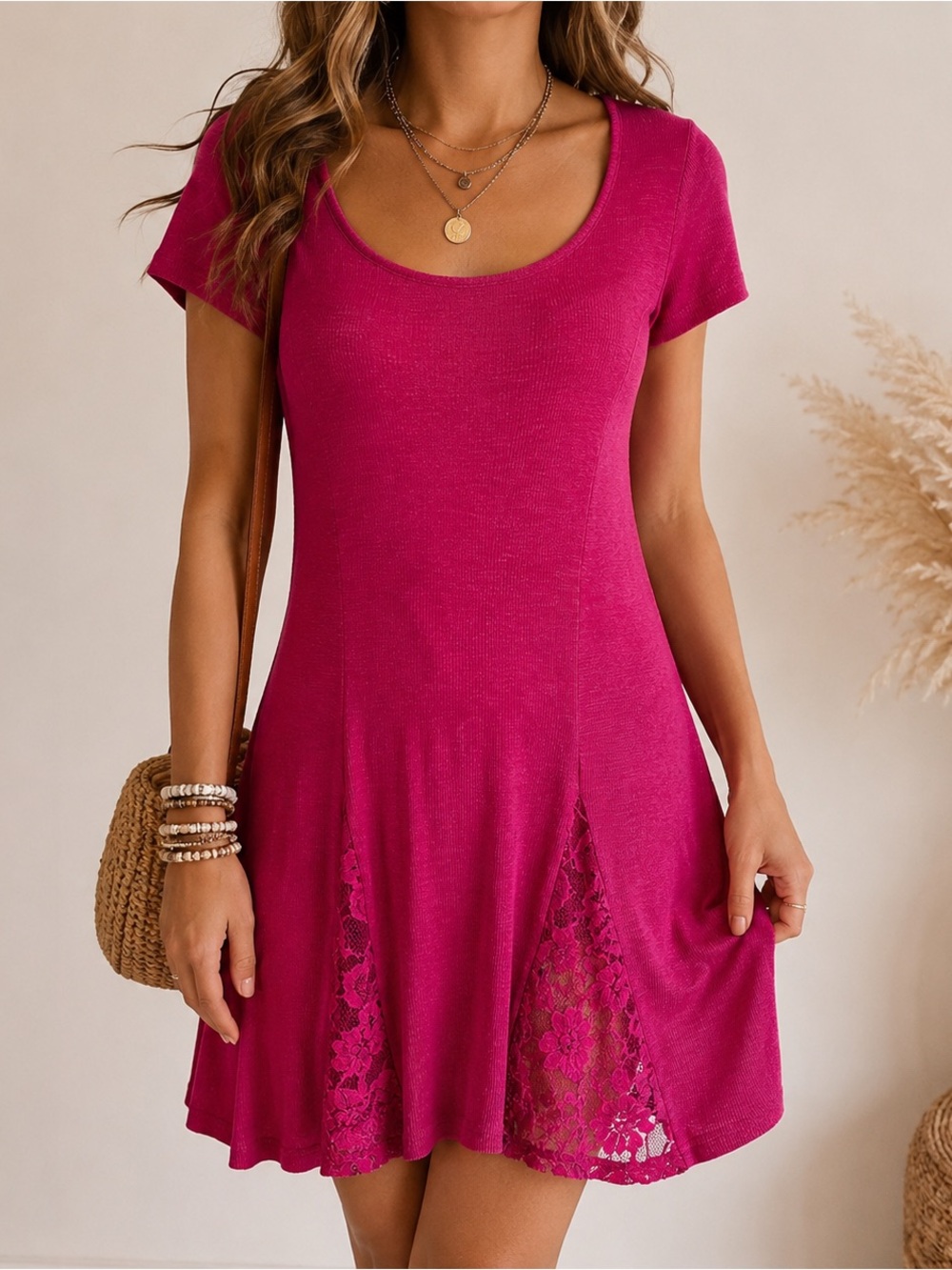 Vanity Lace Hem Tunic Dress Top L Fuchsia Pink Stretchy Boho Y2K